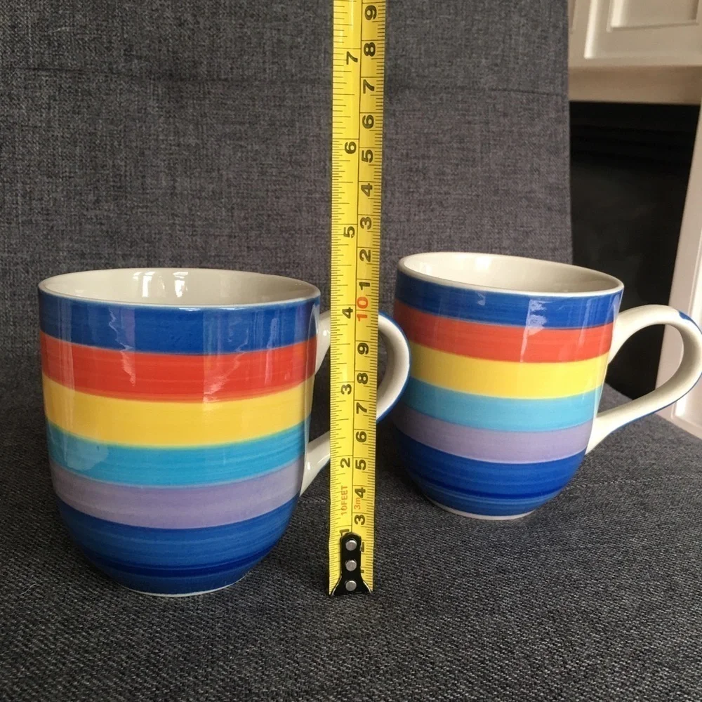 Set/2 Rainbow Striped Ceramic Coffee Mugs, 14 oz